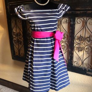 Boatneck Navy and White Dress with Pink Sash